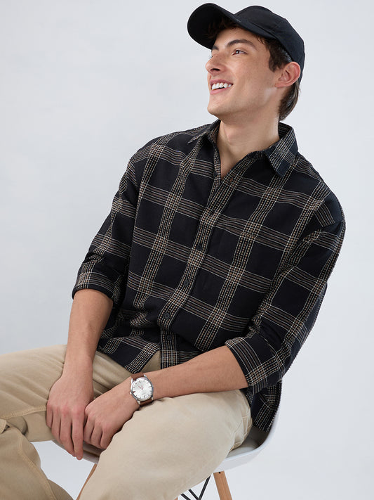 Black & Brown Contrast Panel Checks Boxy Fit Crop Shirt