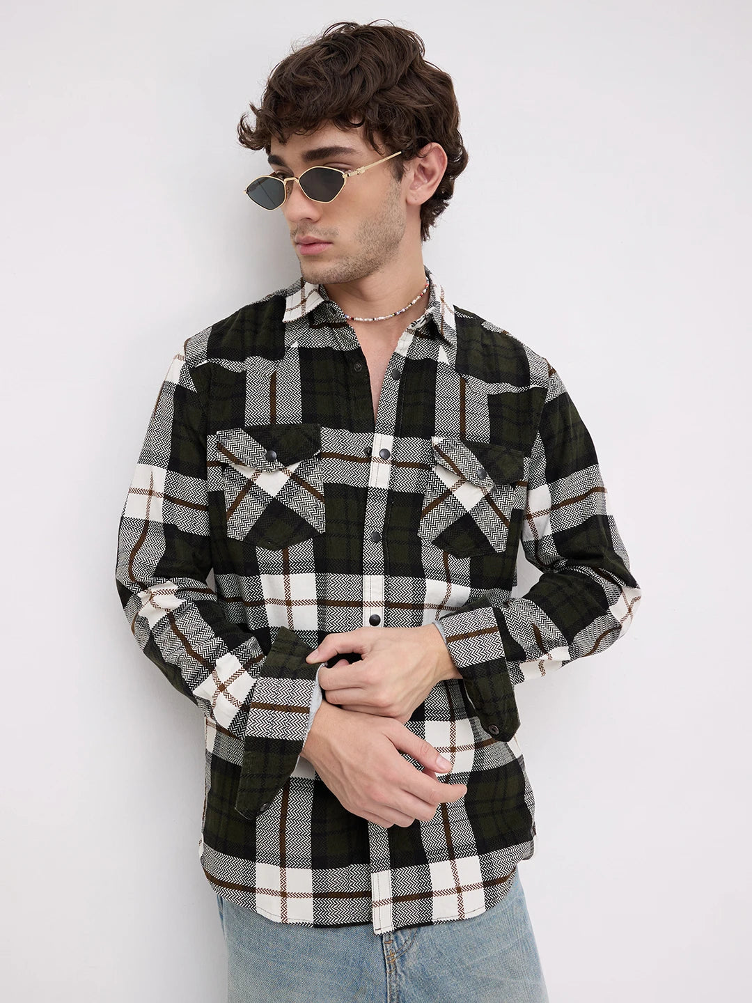 Olive & White Herringbone Weave Checked Flannel Corduroy Shirt