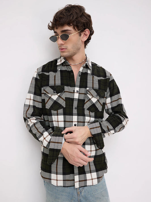 Olive & White Herringbone Weave Checked Flannel Corduroy Shirt