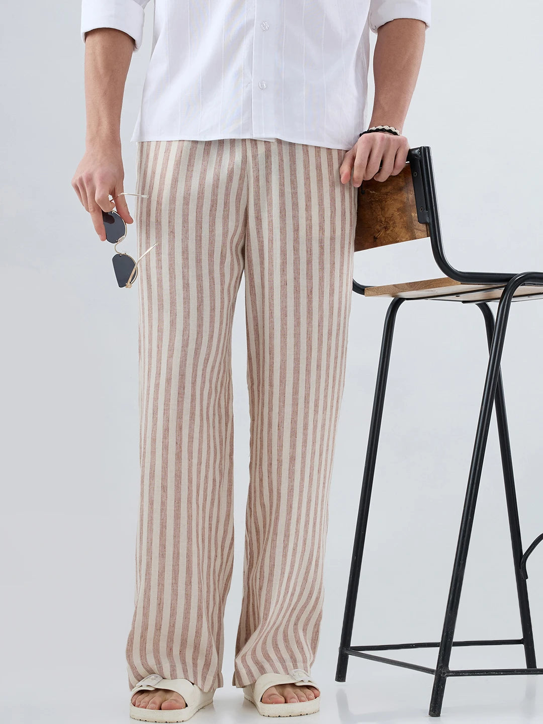 Brown & Ivory Striped Linen Blend Wide Leg Trousers