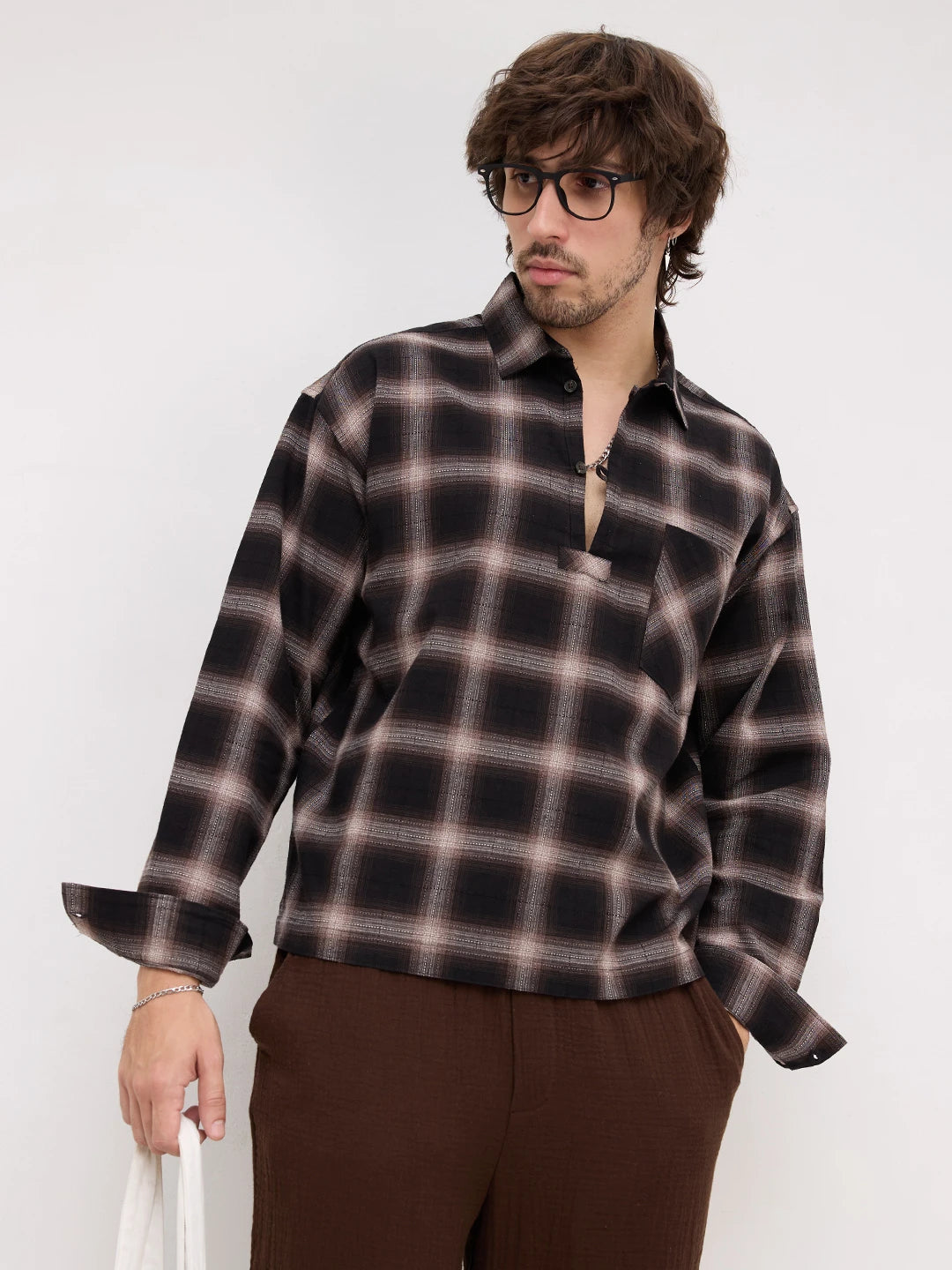 Distinctive Black & Brown Shadowline Textured Checks Loop Button Oversized Shirt
