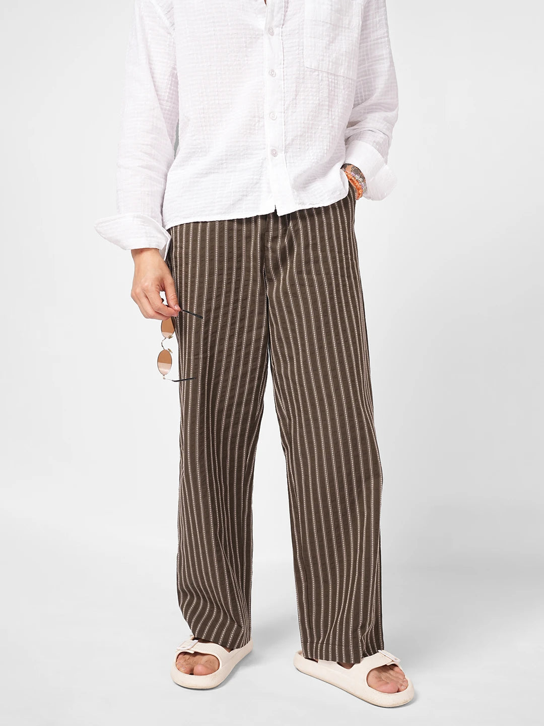 Olive Artisan Fine Embroidered Seersucker Striped Straight Fit Trousers