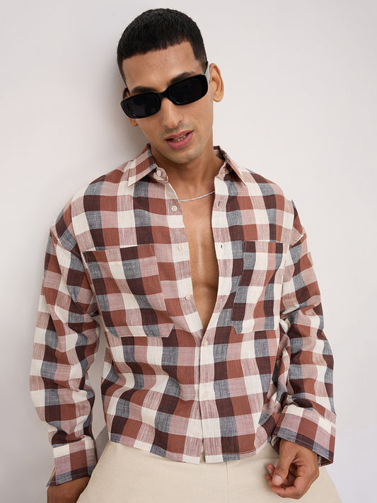 Elevated Maroon Block Checks Twin Pocket Boxy Fit Crop Shirt