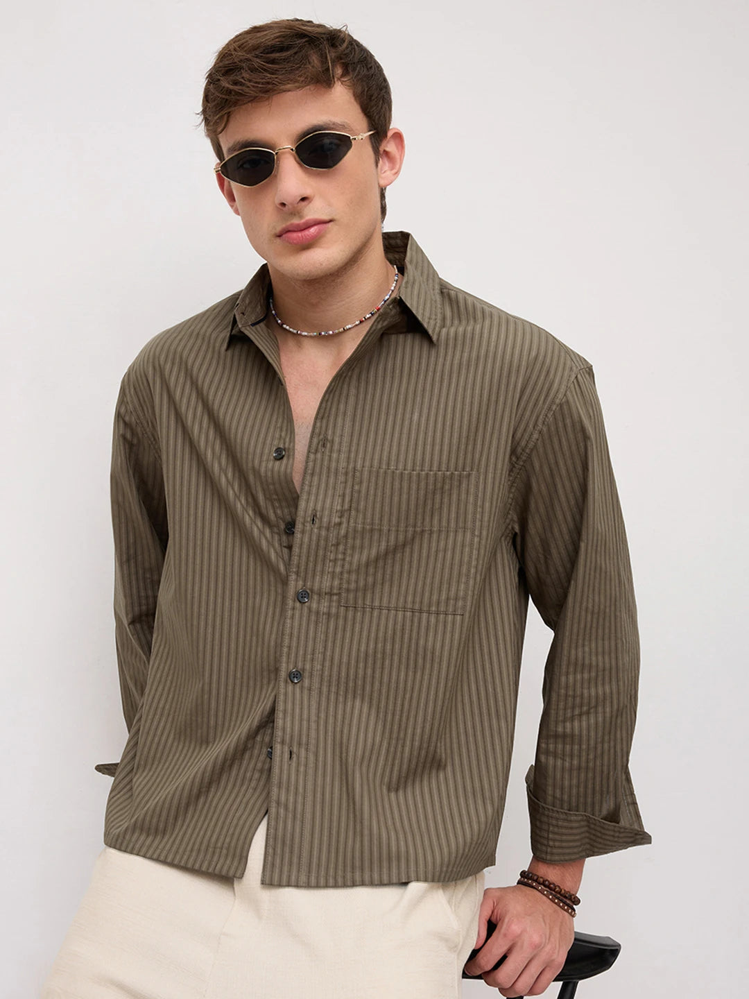 Olive Sheer Striped Boxy Fit Crop Shirt