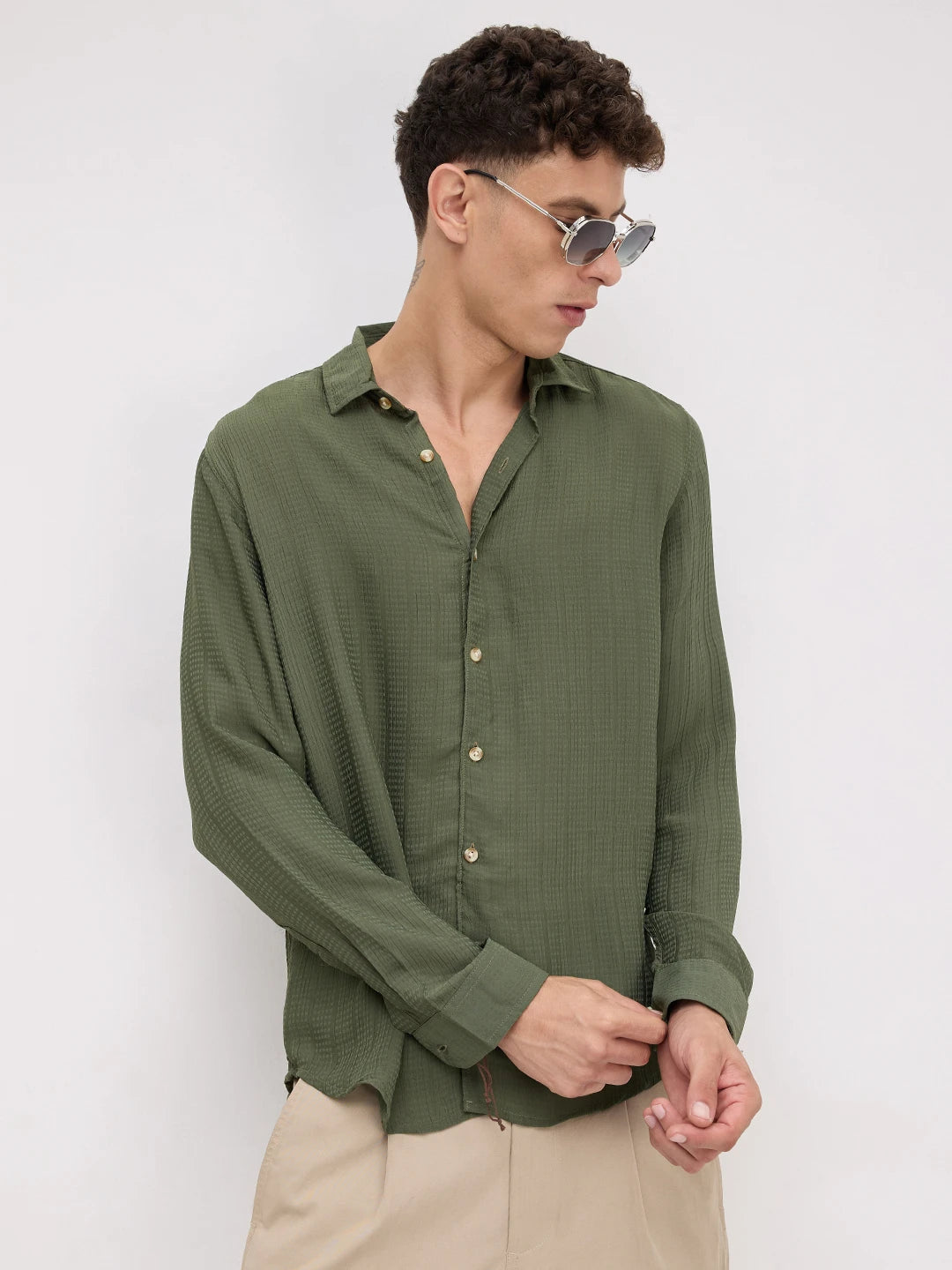 Refined Olive Streaky Emboss Shirt