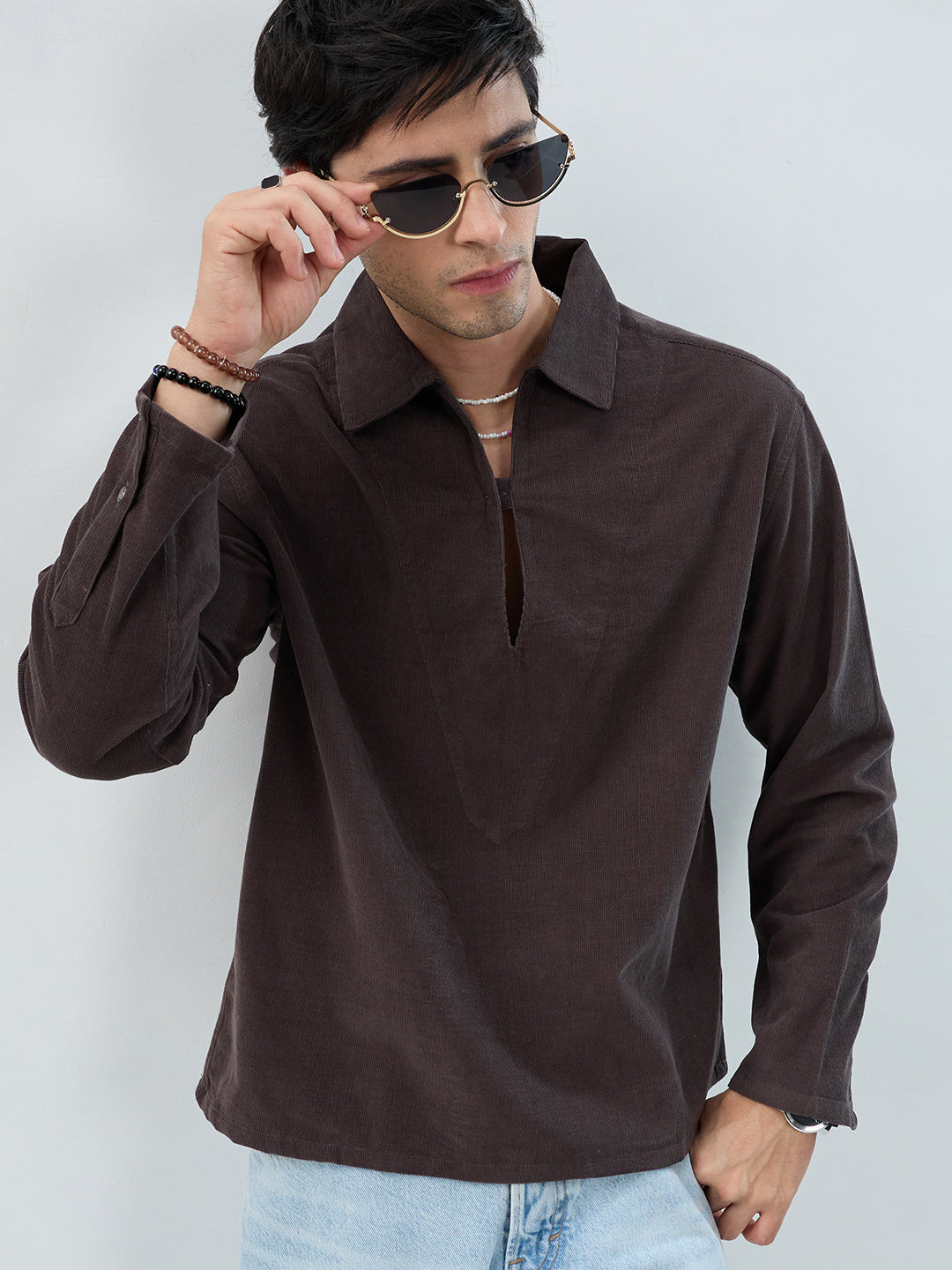 Charcoal Grey Corduroy Cuffless Oversized Shirt