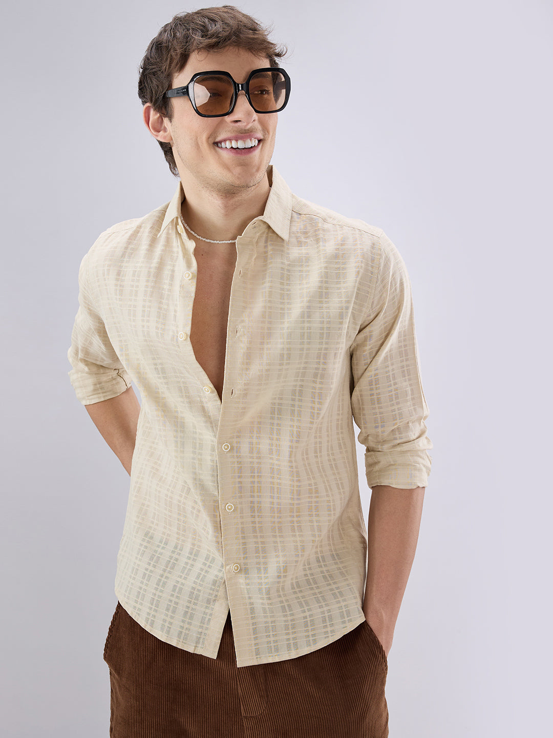 Casual Beige Textured Striped Shirt