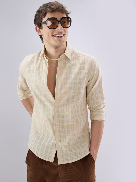 Casual Beige Textured Striped Shirt