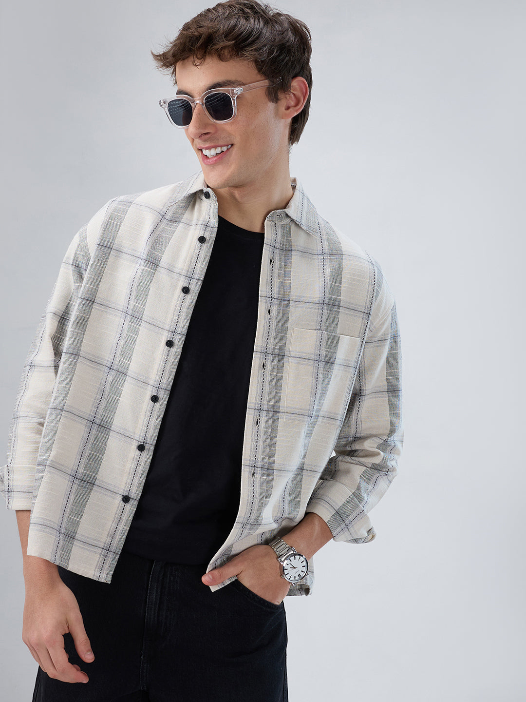 Off-White & Grey Jacquard Weave Checked Boxy Fit Crop Shirt