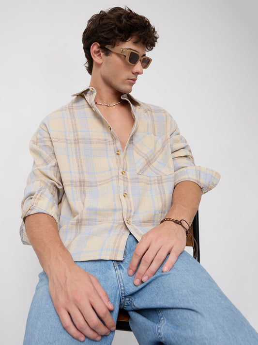 Pastel Dune Soft Plaid Checks Boxy Fit Crop Shirt