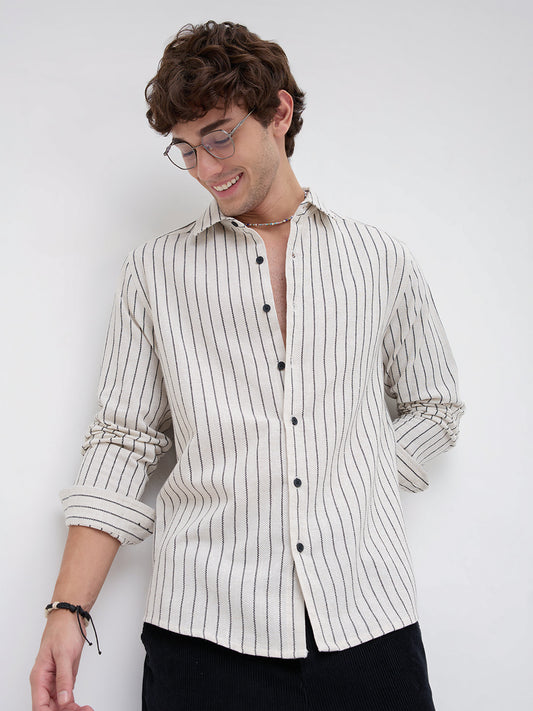 Black & Ivory Saddle Weave Contrast Stripe Shirt