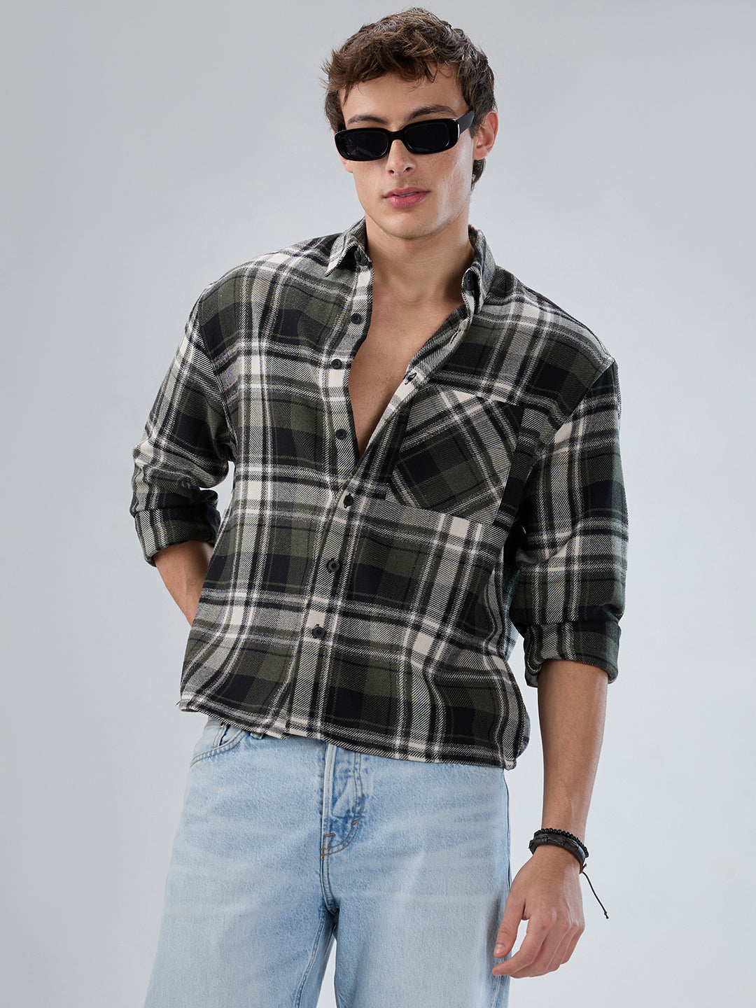 Olive & Black Plaid Checks Boxy Fit Crop Shirt