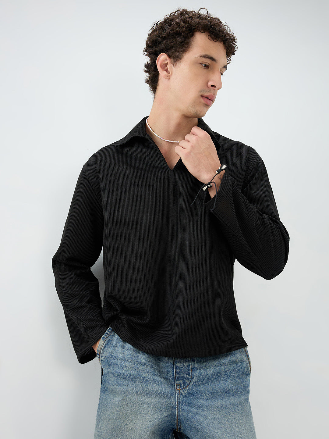 Black Refined Textured Knitted Oversized Polo Shirt