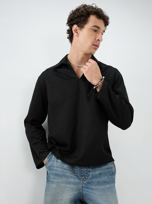 Black Refined Textured Knitted Oversized Polo Shirt