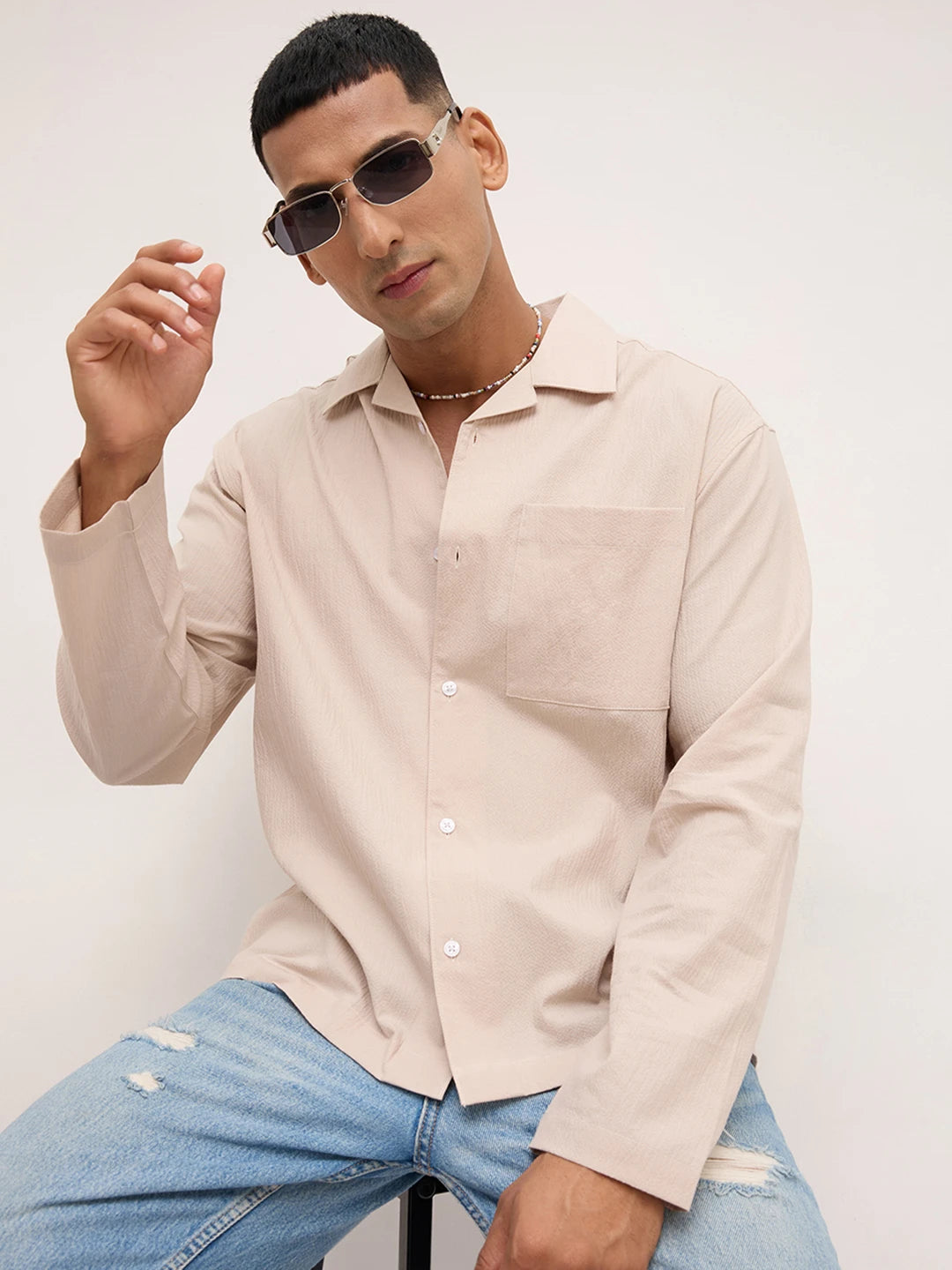 Luxe Beige Fine Textured Notch Collar Oversized Shirt
