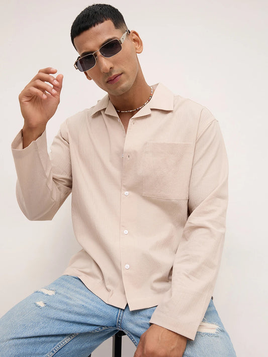 Luxe Beige Fine Textured Notch Collar Oversized Shirt