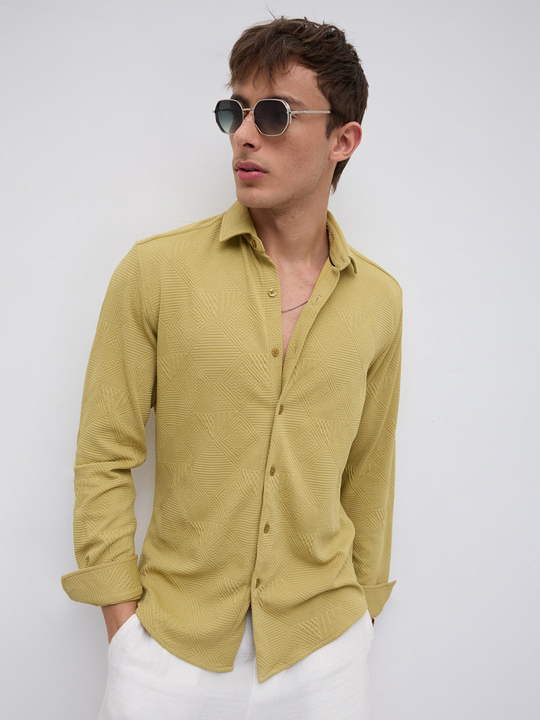 Sunlit Mustard Maze Textured Knitted Shirt