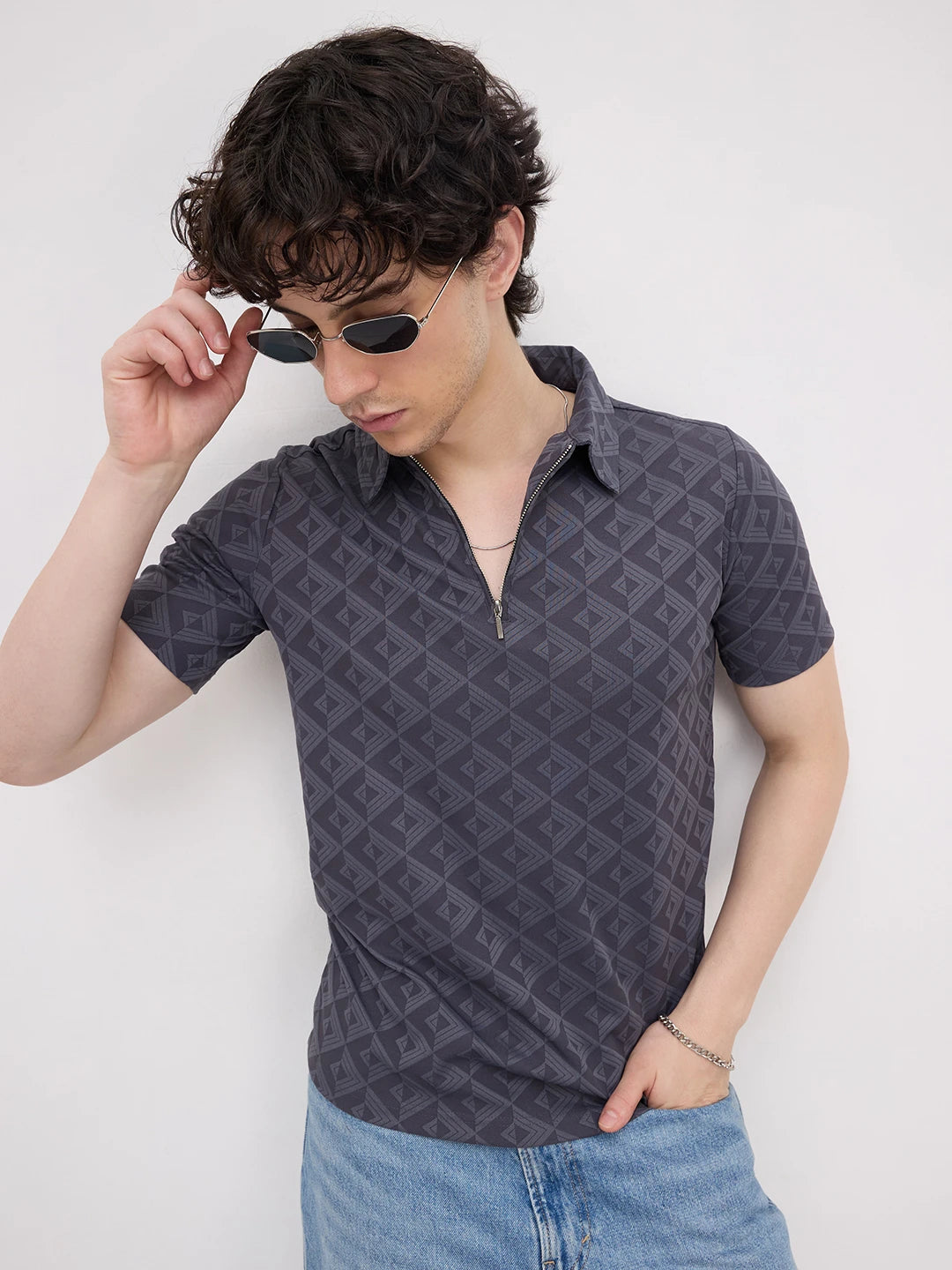 Slate Grey Diamond Embossed Zip Polo Tee