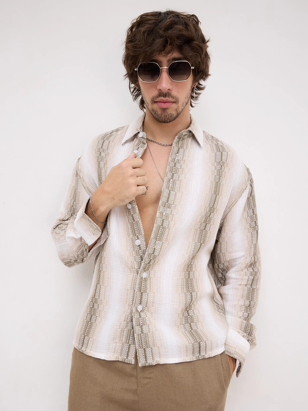 Beige & Olive Interlock Loom Striped Boxy Fit Crop Shirt