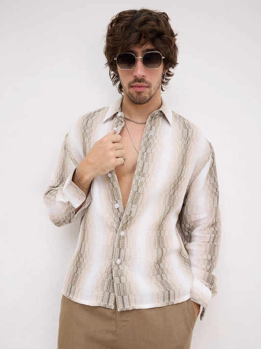 Beige & Olive Interlock Loom Striped Boxy Fit Crop Shirt