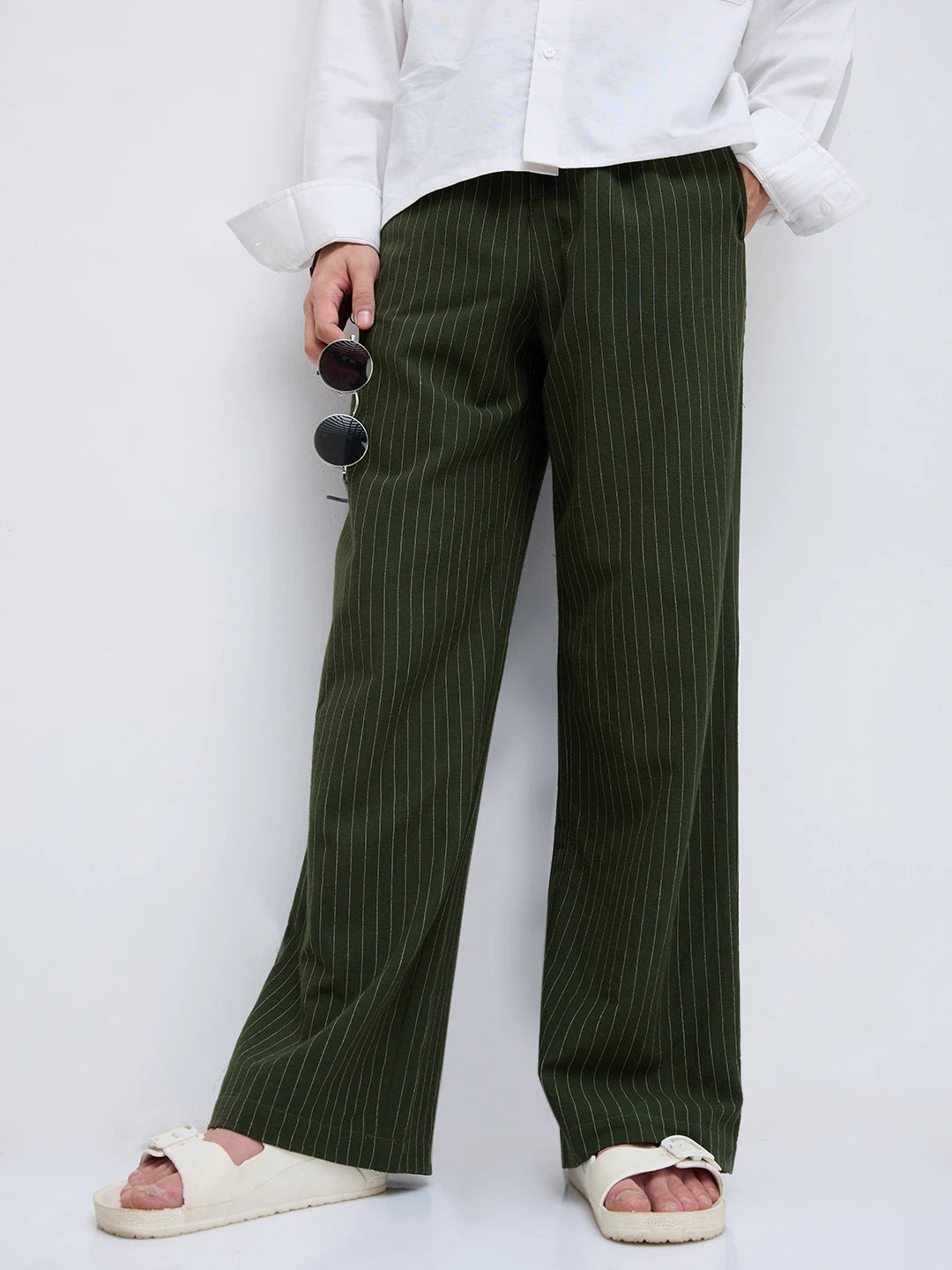 Olive Pinstripe Wide Leg Trousers