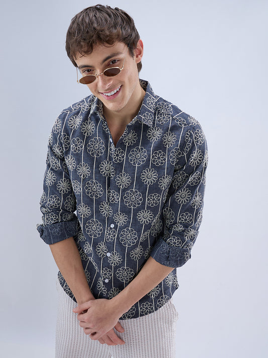 Anchor Grey Floral Embroidered Slub Shirt