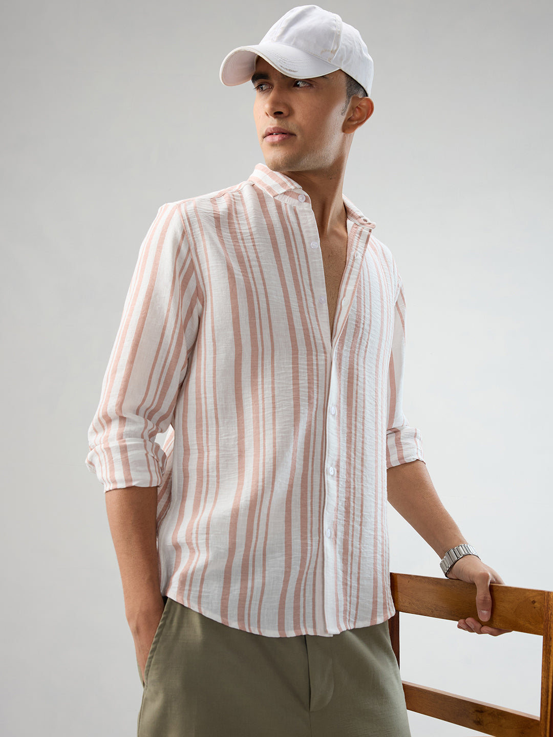 Dark Peach & White Vertical Striped Shirt