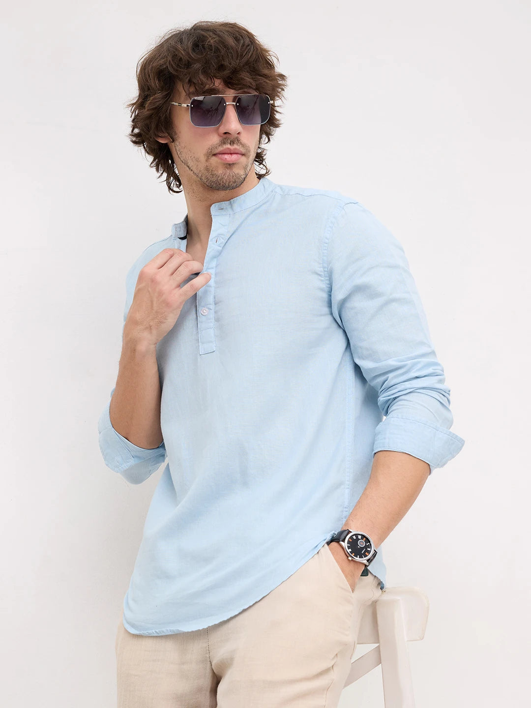 Rich Morning Blues Linen Blend Kurta