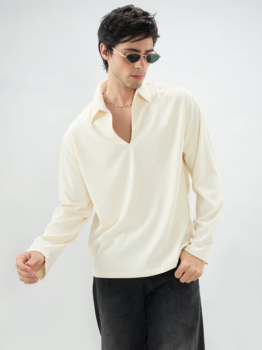 Pastel Cream Precision Rib Striped Oversized Polo Knitted Shirt