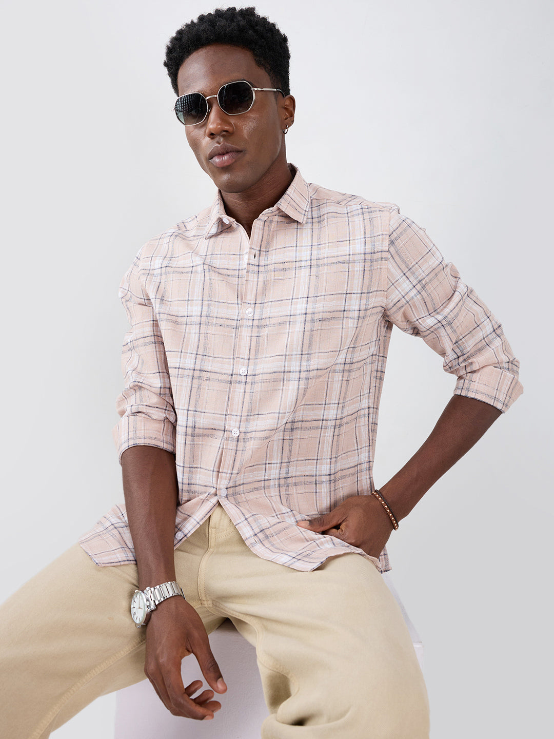 Dusty Pink Contrast Plaid Checks Textured Shirt