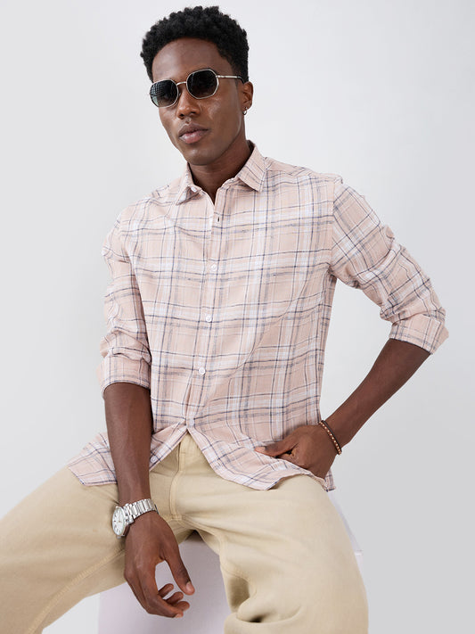 Dusty Pink Contrast Plaid Checks Textured Shirt
