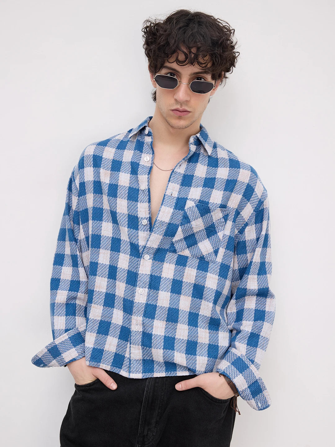 Blue & Ivory Square Checks Flannel Boxy Fit Crop Shirt