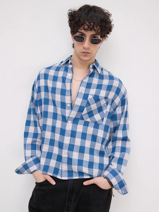 Blue & Ivory Square Checks Flannel Boxy Fit Crop Shirt