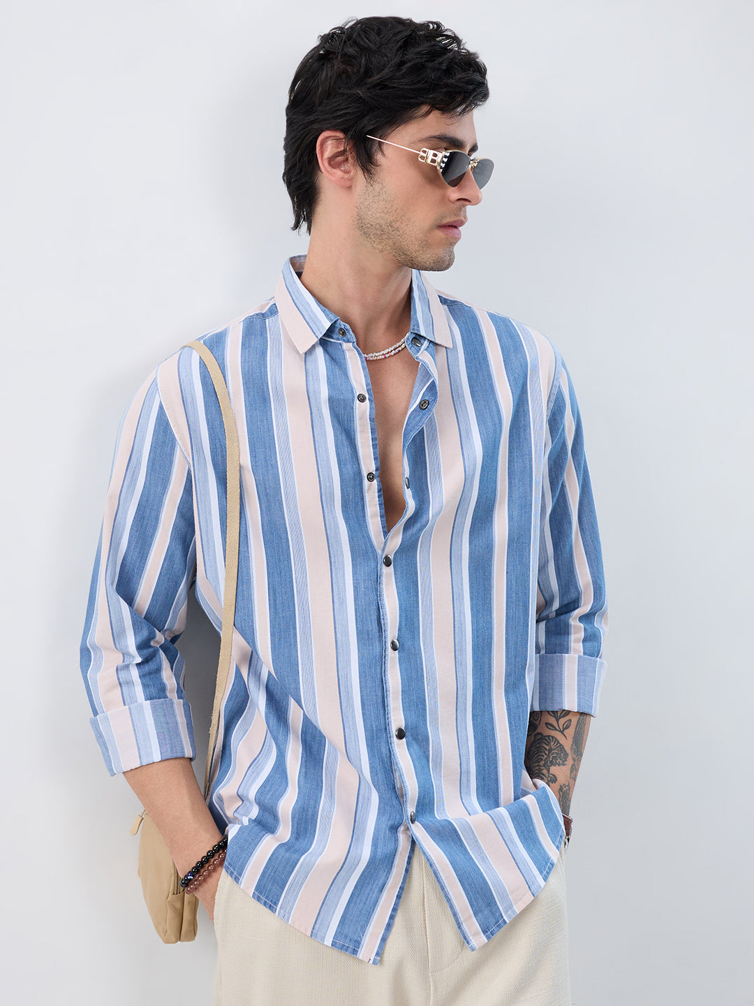 Denim Blue & Peach Broad Striped Shirt