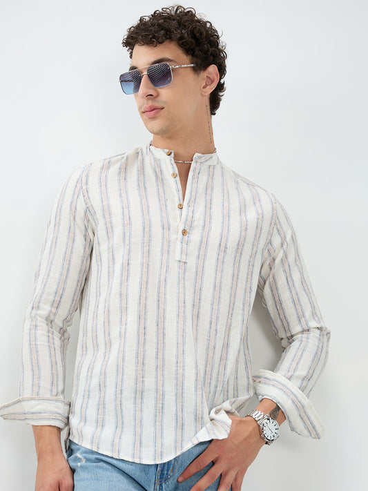 Ivory & Navy Multi-Line Vertical Striped Kurta
