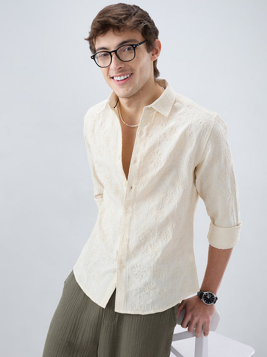 Serene Whispering Bloom Beige Embroidered Shirt