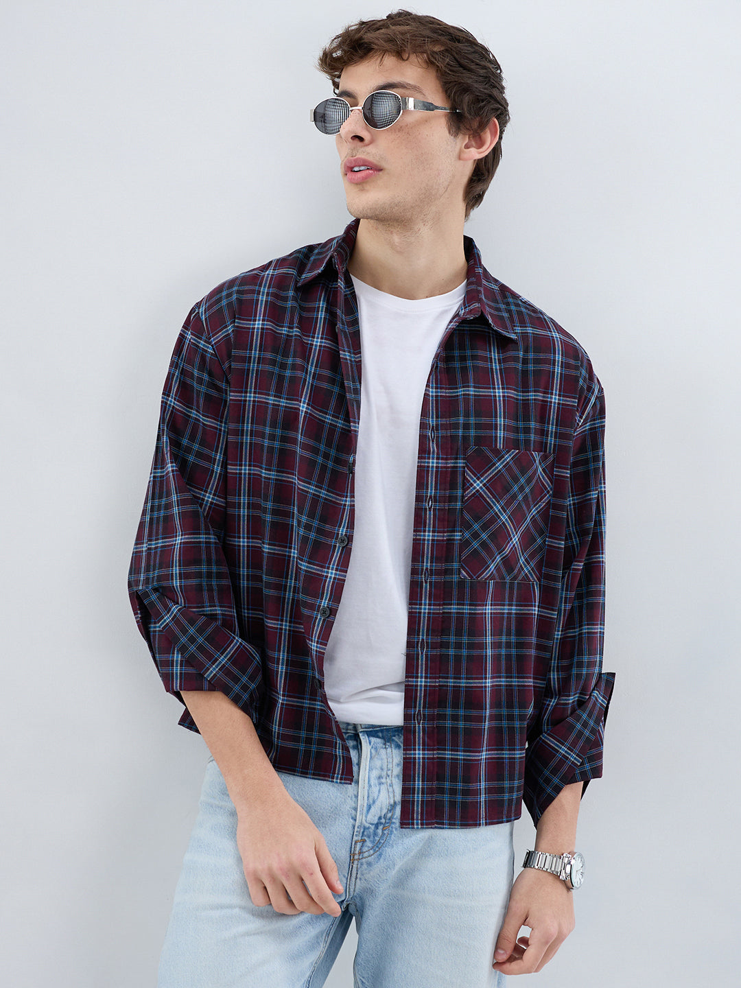 Brown & Blue Plaid Checks Cuffless Oversized Crop Shirt