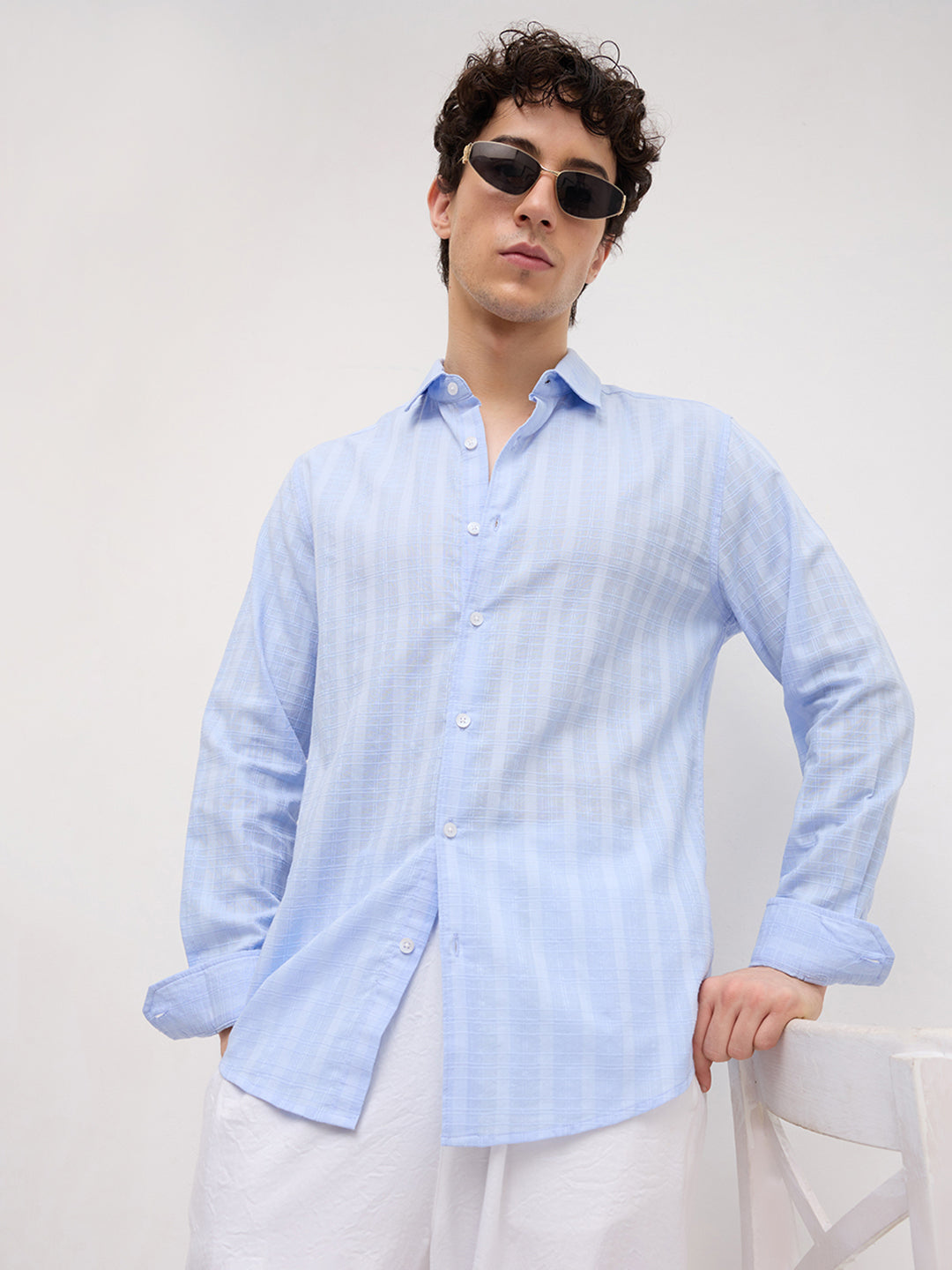 Powder Blue Sheer Windowpane Checks Textured Weave Shirt