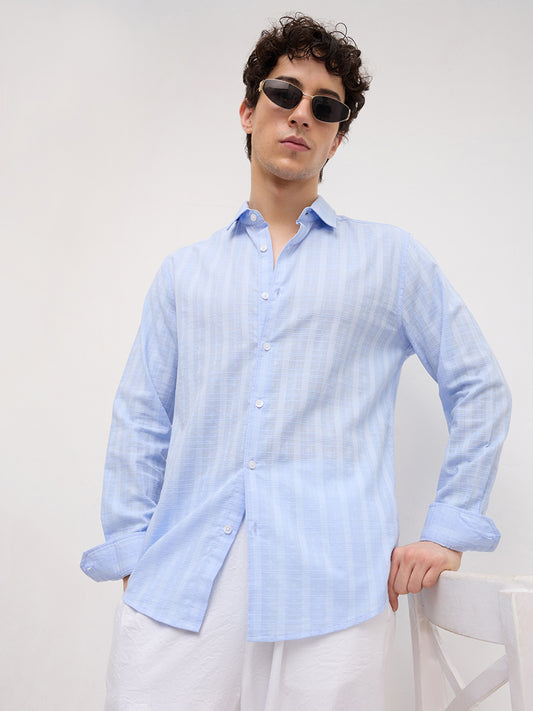 Powder Blue Sheer Windowpane Checks Textured Weave Shirt
