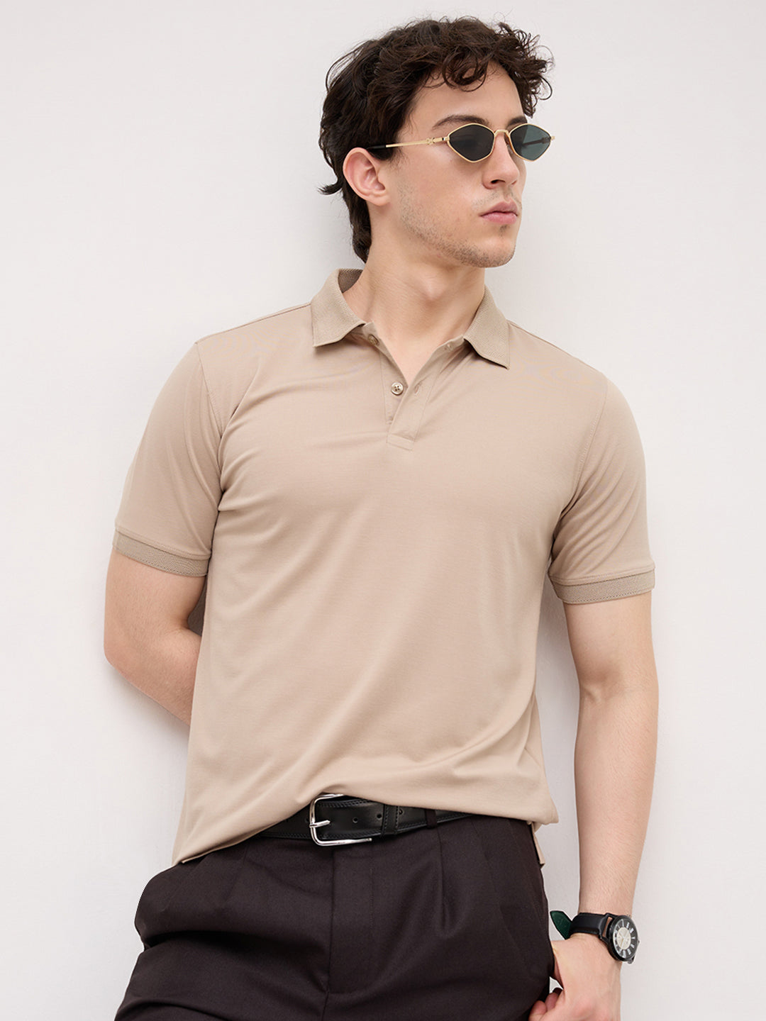 Soft Beige Honeycomb Polo Knit T-Shirt