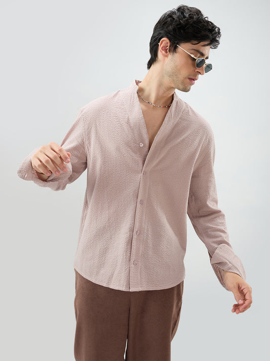 Taupe Beige Seersucker Striped Stand Collar Oversized Shirt