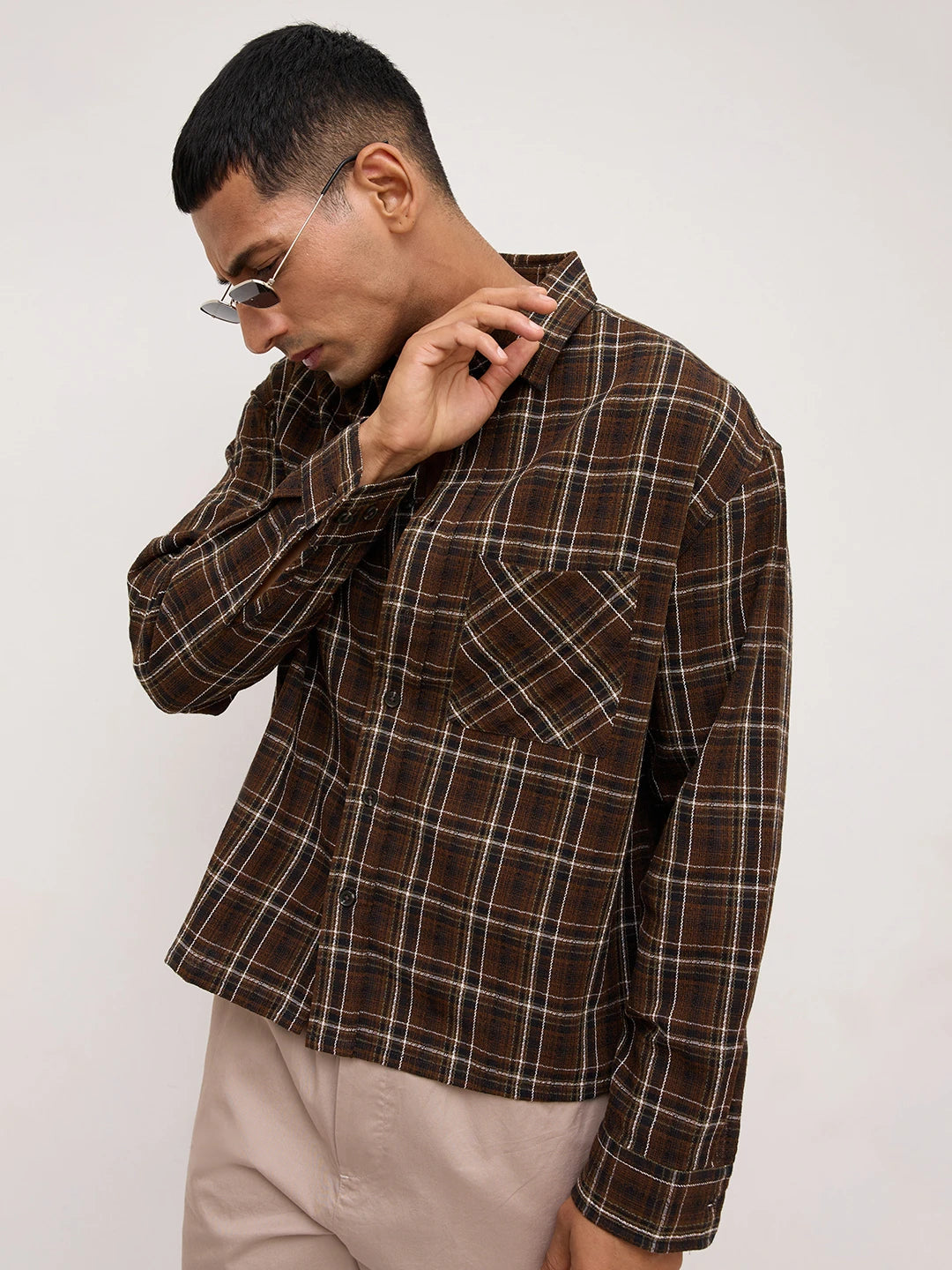 Rustic Brown Grid Framework Boxy Fit Crop Shirt