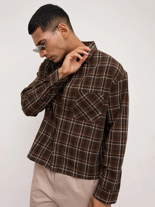 Rustic Brown Grid Framework Boxy Fit Crop Shirt