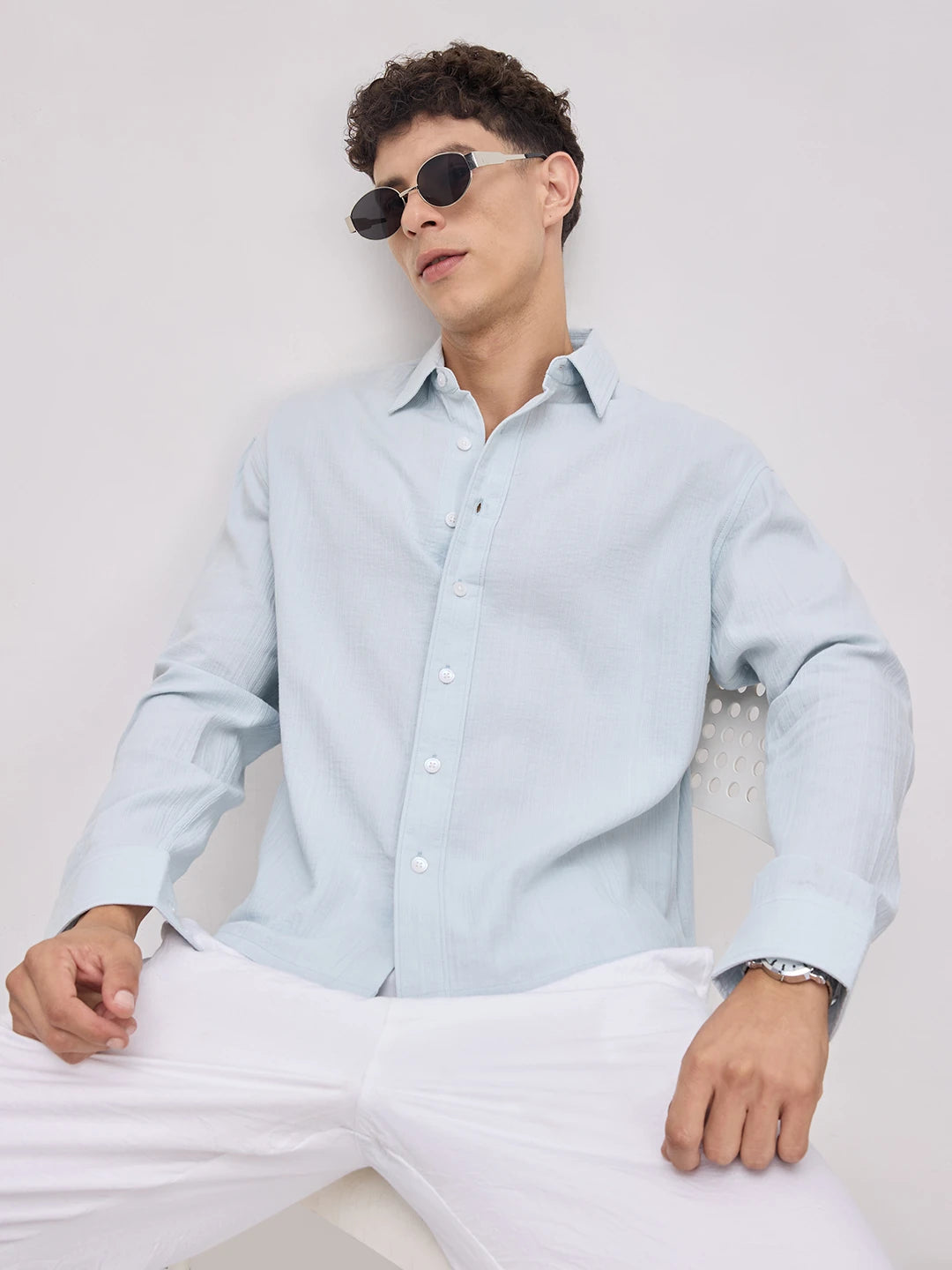 Plush Baby Blue Double Cloth Seersucker Striped Boxy Fit Crop Shirt