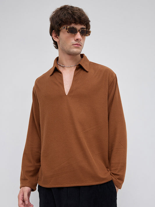 Brown Micro Weave Knitted Oversized Polo Shirt