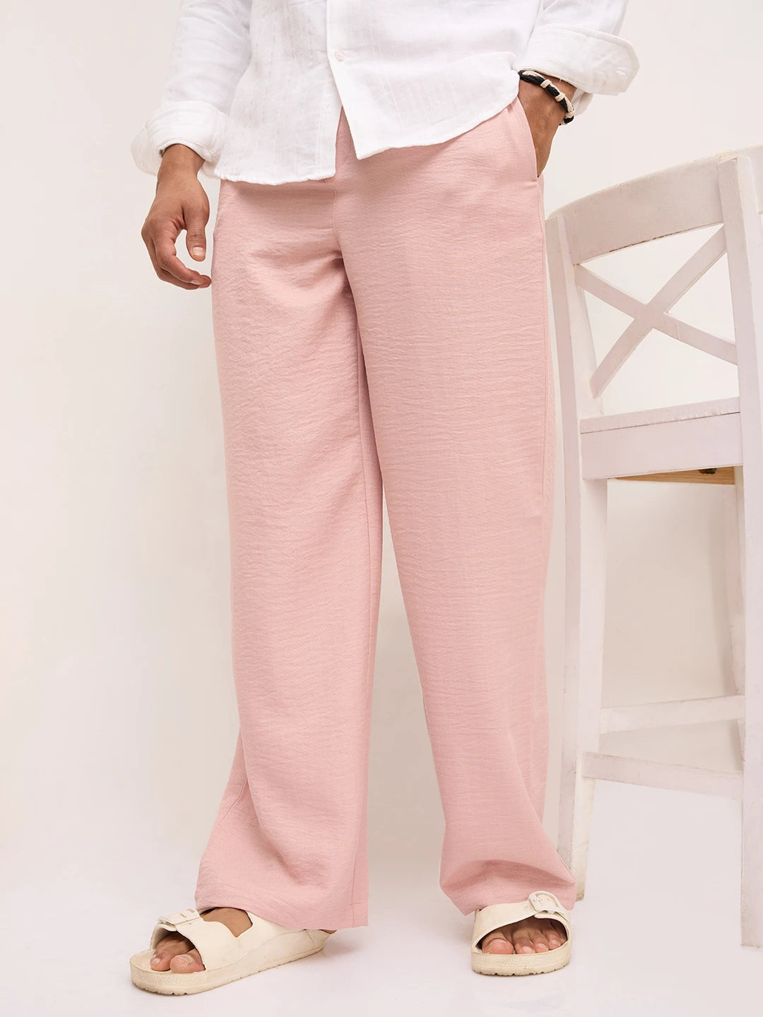 Elegant Champagne Pink Crinkled Wide Leg Trousers