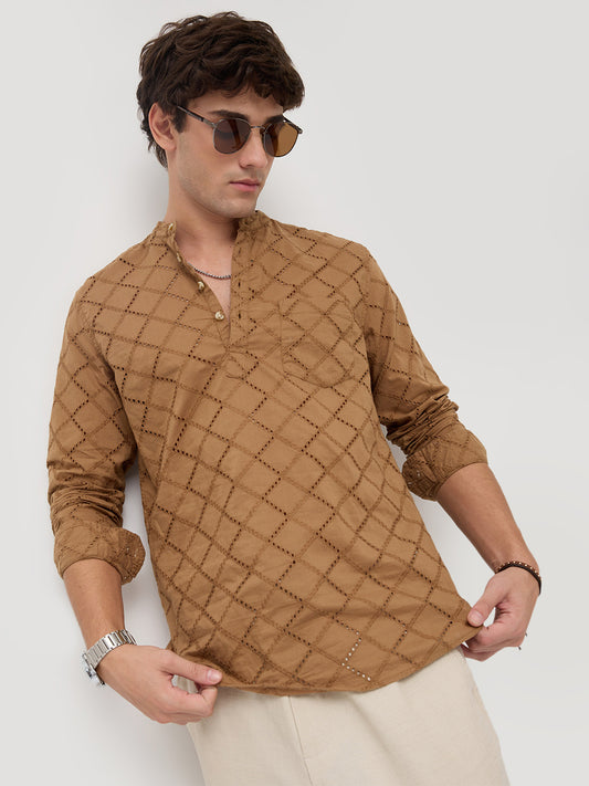 Copper Brown Diamond Embroidery Schiffli Kurta
