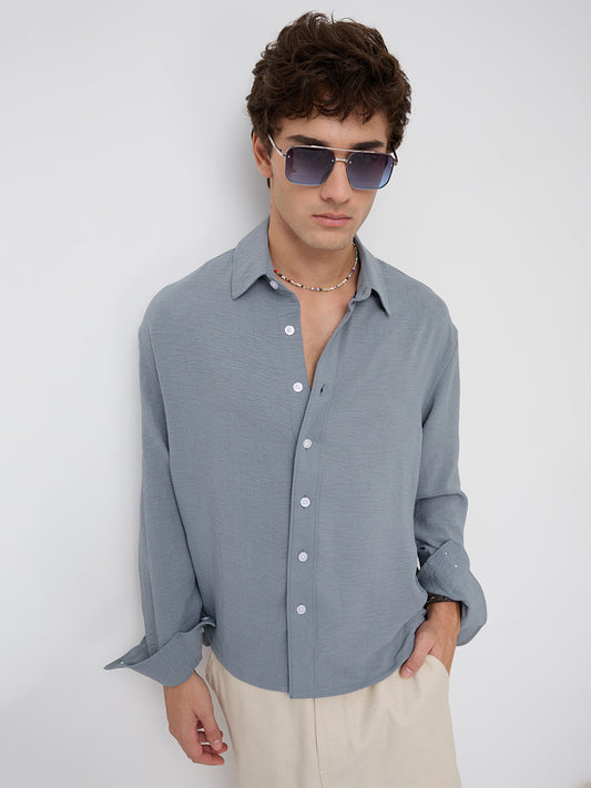 Plush Steel Grey Lightweight Crinkled Boxy Fit Crop Shirt