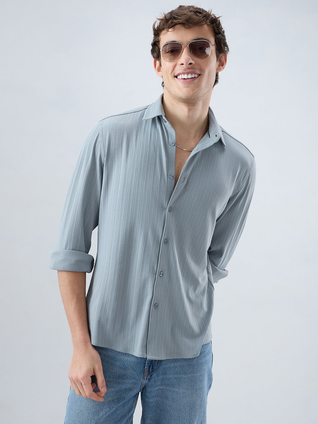 Classic Grey Fine Vertical Ribbed Knitted Shirt