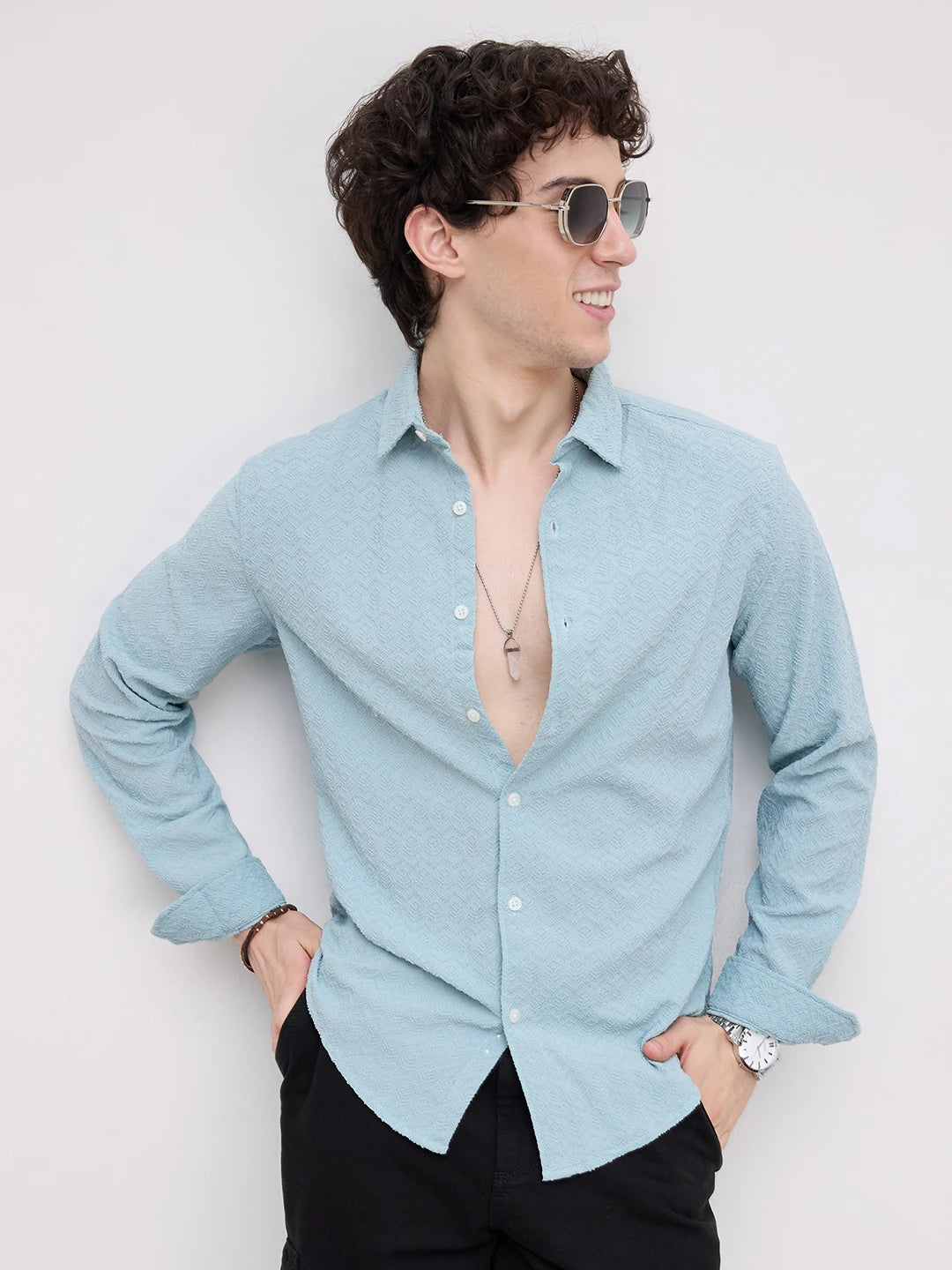 Aqua Blue Textured Shirt